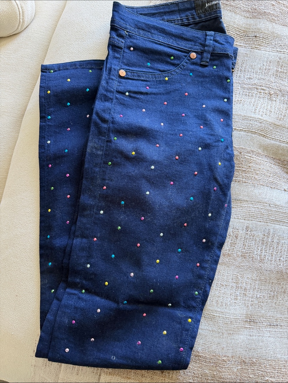Navy Skinny Jeans with Multicolor Embroidered Dots